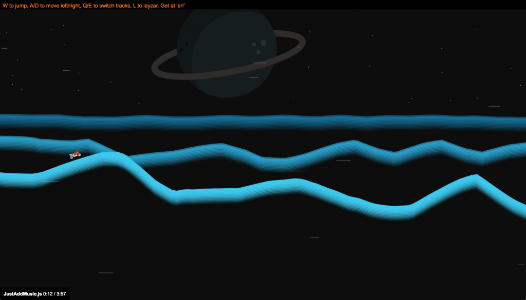 Music Visualizer: A motorcycle riding on a laser landscape in front of a planet.