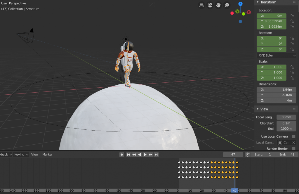 Image of setup in Blender with camera, ground and rigged character