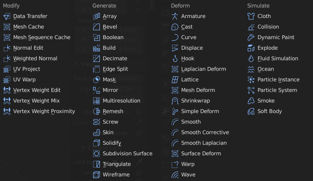 list of Blender modifiers