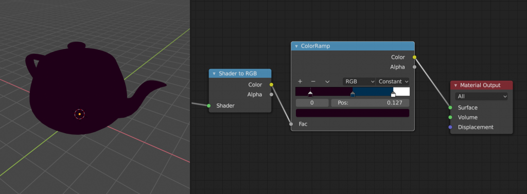 purple teapot model with color ramp node